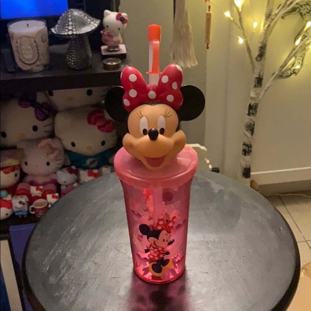DISNEY Minnie Mouse Head Pink Cup With Lid & Straw